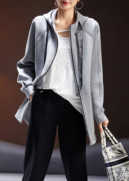 Black Drawstring Zippered Hooded Coat Fall