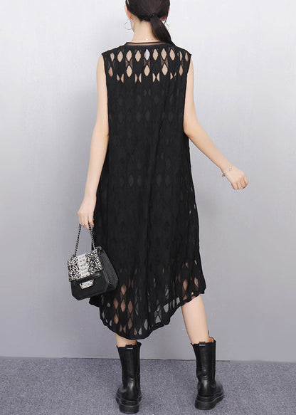 Black O Neck Hollow Out Tulle Long Dresses Sleeveless
