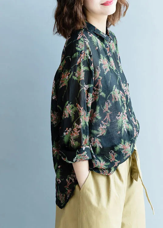 Black Print Button Linen Shirt Tops Spring