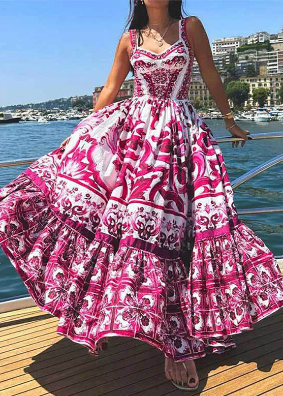 Rose Print High Waist Cotton Spaghetti Strap Dress Sleeveless