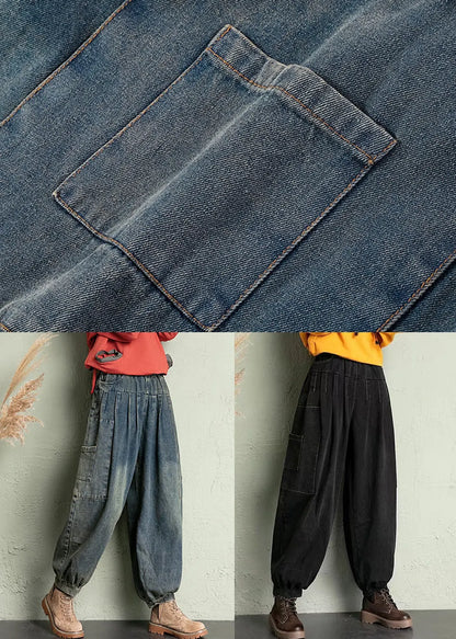 Blue Pockets Elastic Waist Denim Crop Pants Spring