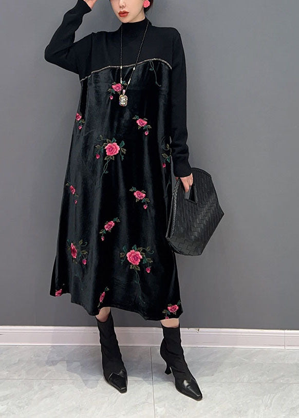 Black High Neck Embroideried Knit Patchwork Silk Velour Dress Spring