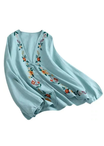 Carmine Embroideried Button Patchwork Linen Coats Summer