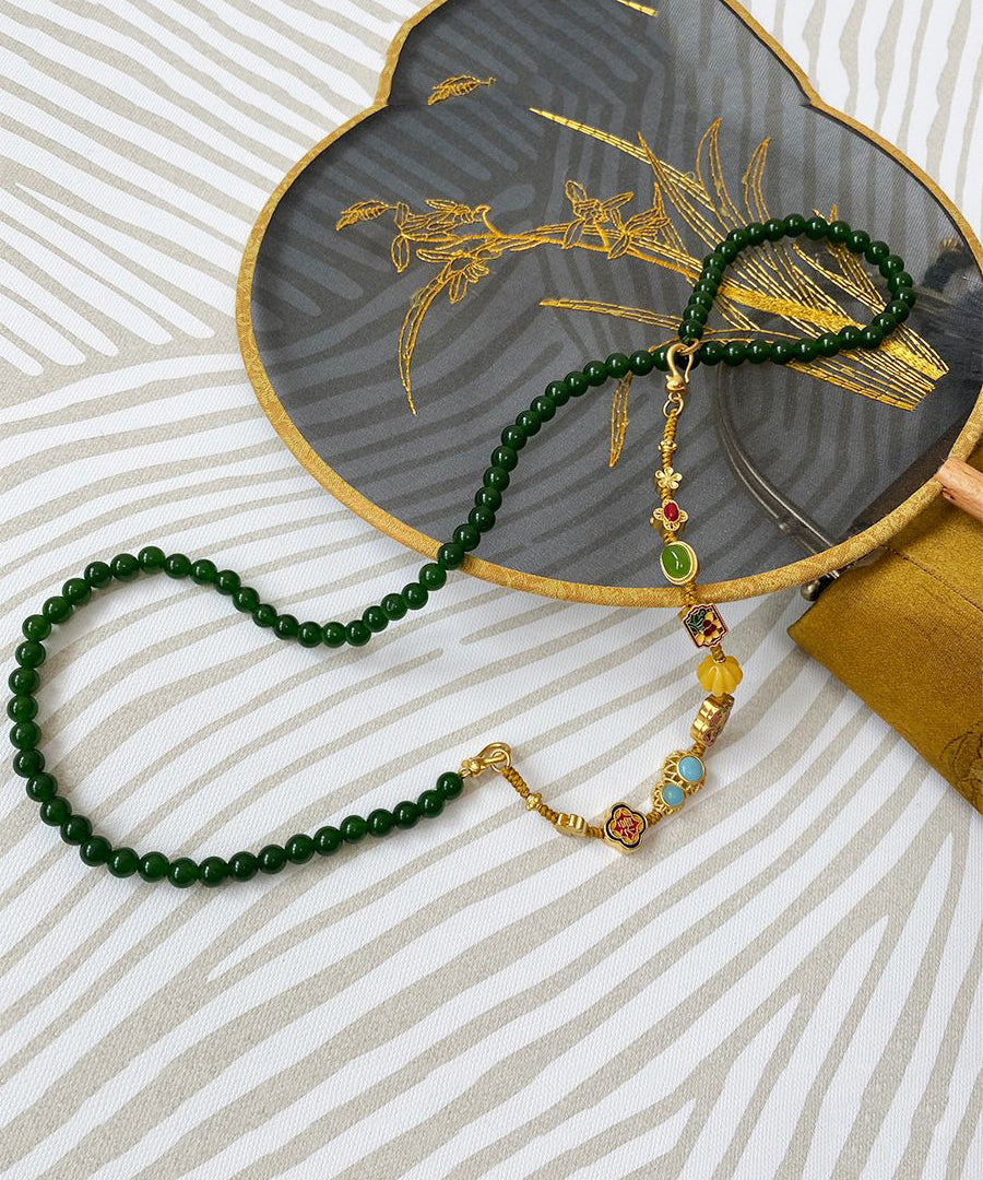 Blackish Green Jade Turquoise Cloisonne Enamel Detachable Beading Graduated Bead Necklace