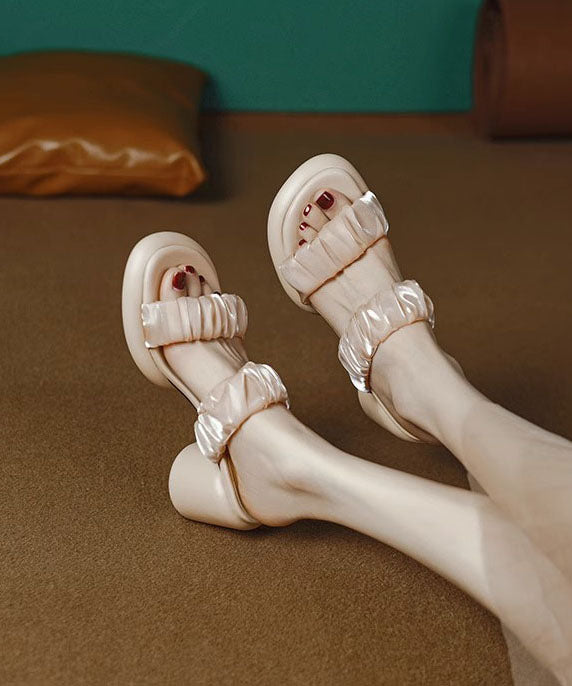 Apricot Peep Toe Tulle Splicing Chunky Slide Sandals