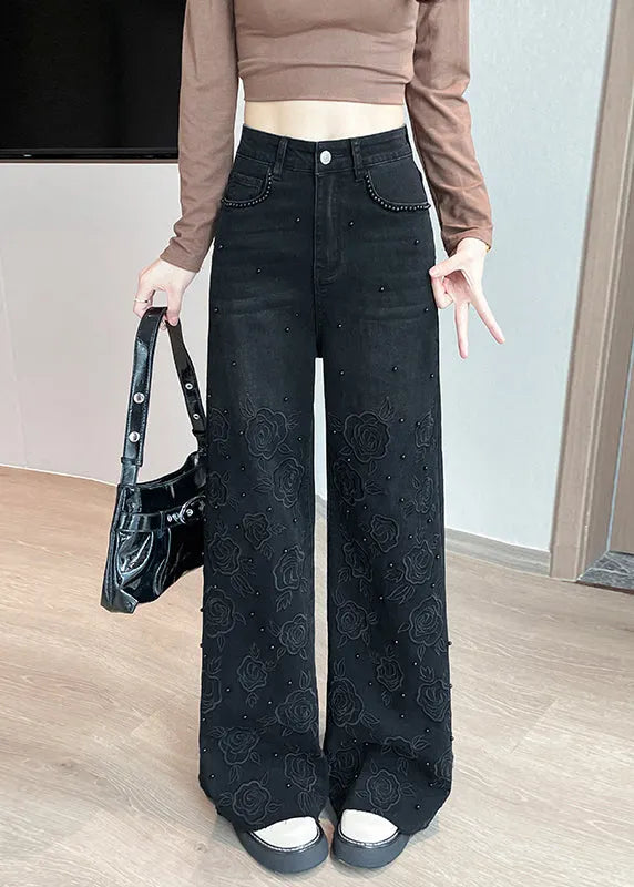 Black Embroidered Nail Bead Denim Bell-bottom Trousers Fall