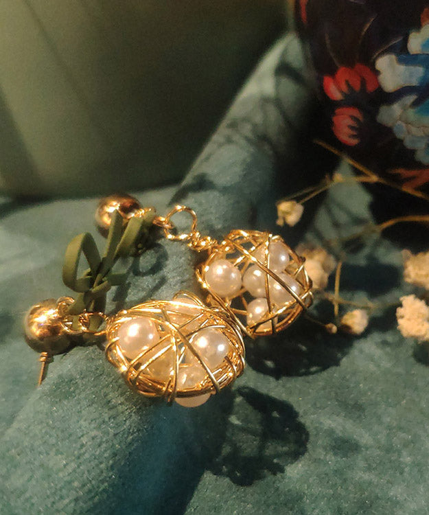 White Alloy Pearl Bow Drop Earrings