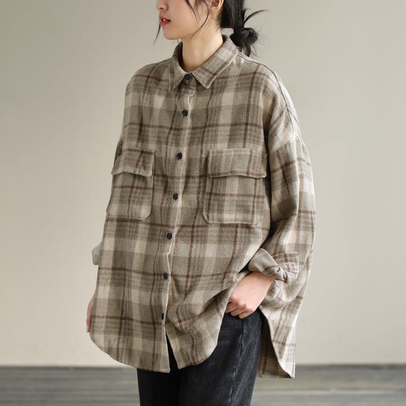 Lapel Patchwork Spring Tunic Pattern Design Khaik Plaid Shirt