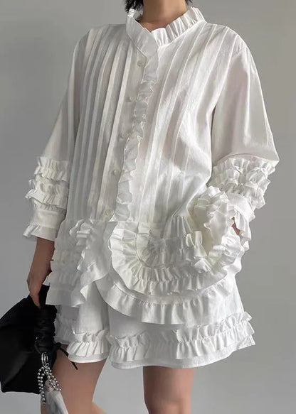 French White Ruffled Shirt and Shorts Cotton Two Piece Set Fall