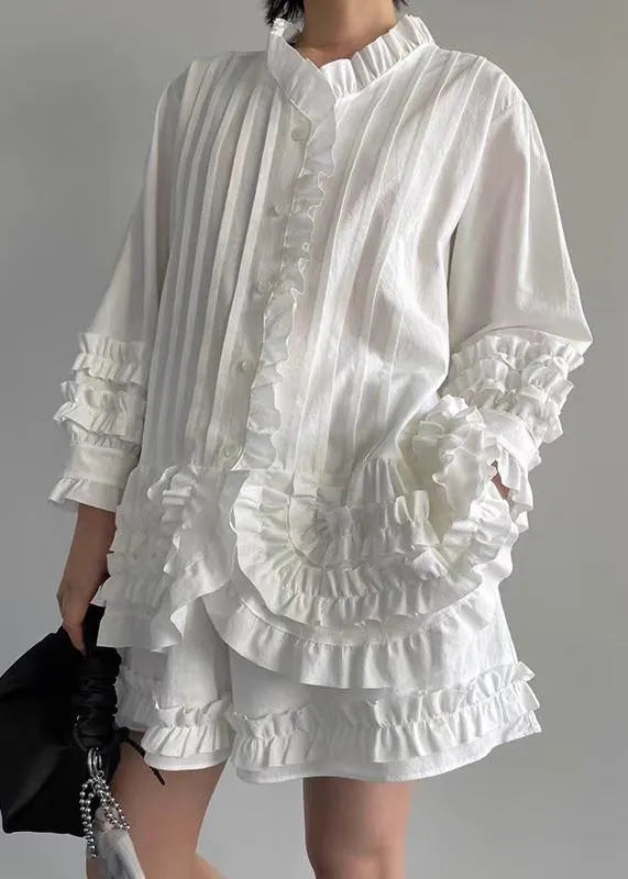 French White Ruffled Shirt and Shorts Cotton Two Piece Set Fall