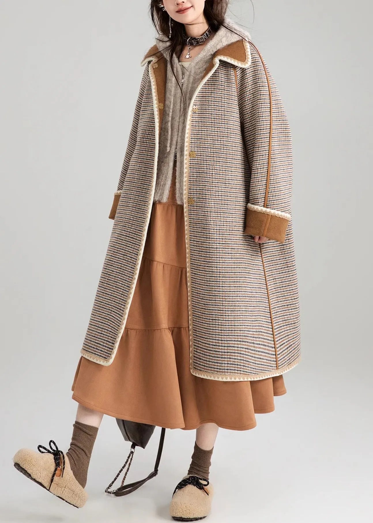Loose Coffee Button Wear on Both Sides Woolen Coats Spring
