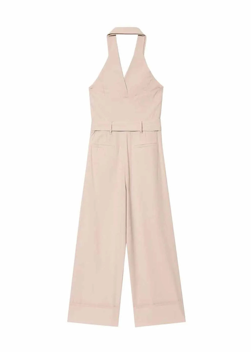 Beige Halter Pockets Cotton Jumpsuit Sleeveless