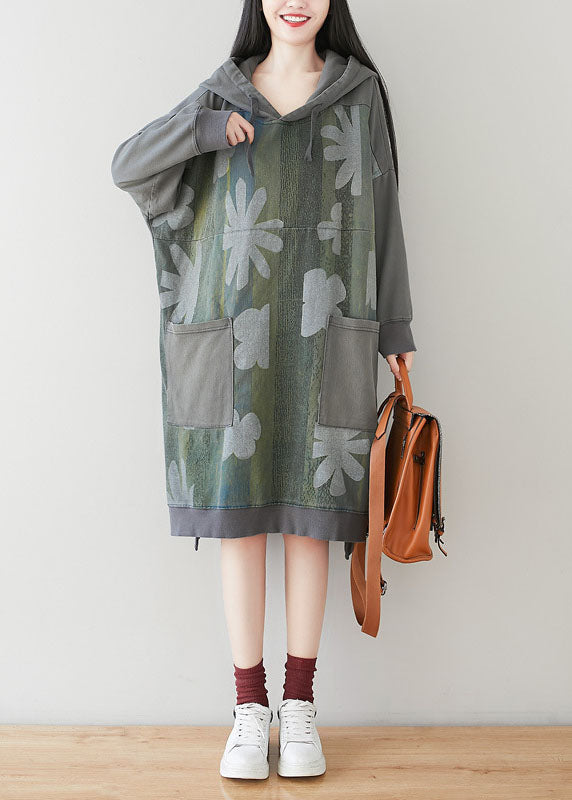 Grey Hooded Patchwork Print Cotton Dress Batwing Sleeve