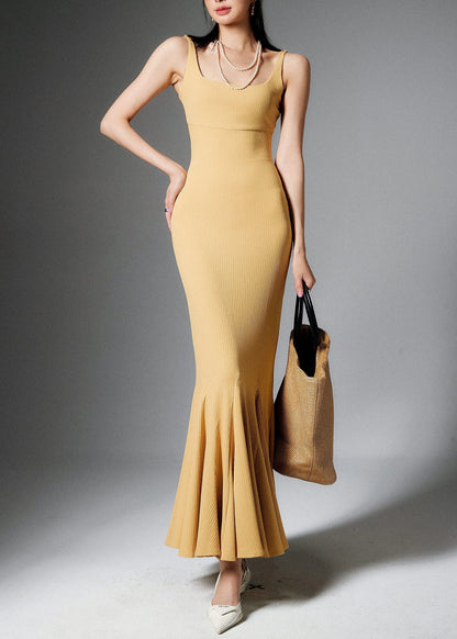Yellow Backless Cotton Spaghetti Strap Dress High Waist Sleeveless
