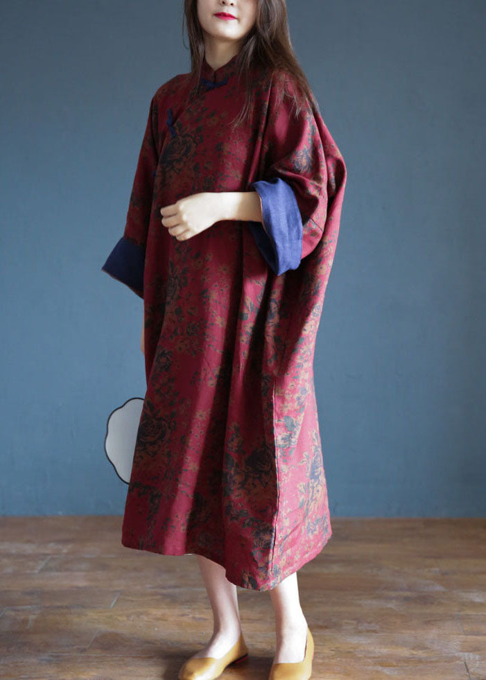 Red Print Chinese Style Cotton Long Dress Spring