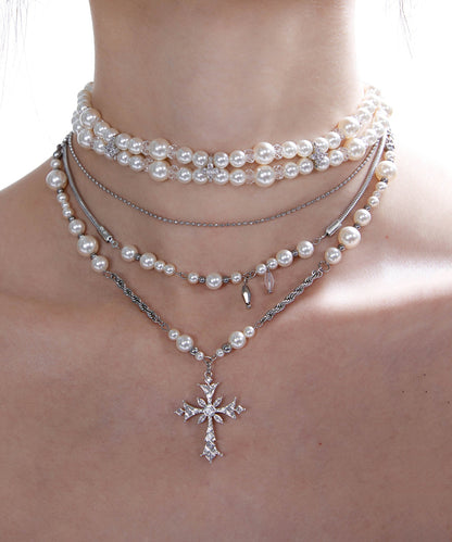 Pearl Cross Two Piece Set Alloy Layering Pendant Necklace