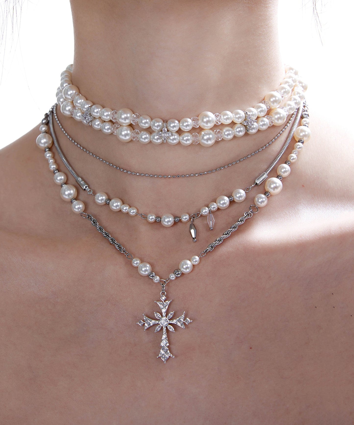 Pearl Cross Two Piece Set Alloy Layering Pendant Necklace
