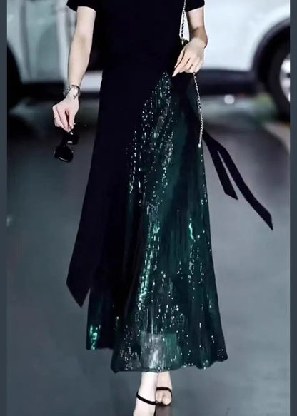 Green Sequins High Waist Silk Skirt Summer