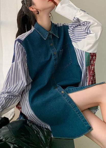 Colorblock Denim Patchwork Striped Print Cotton Shirt Dresses Spring