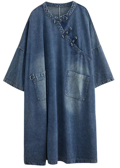 Denim Blue O-neck Patchwork Button Long Dress Long Sleeve