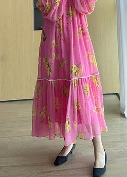 Pink V Neck Print Patchwork Chiffon Long Dresses Fall