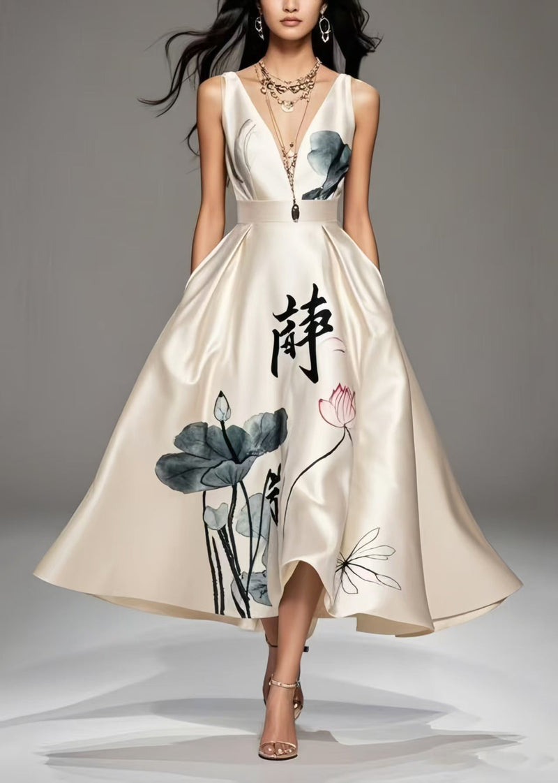 Art Milk White Print Exra Large Hem Silk Cami Dresses Summer
