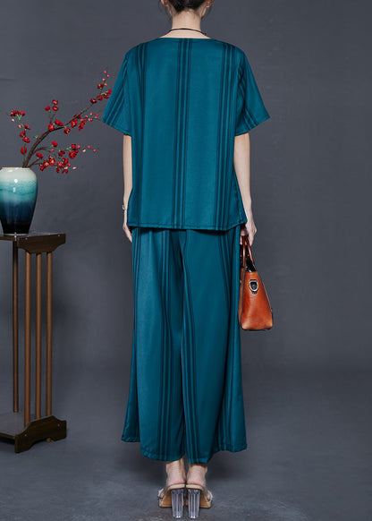 French Blackish Green Oversized Striped Silk Two Pieces Set Summer