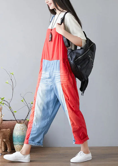 Simple Red Pockets Patchwork Jeans Jumpsuit Spring