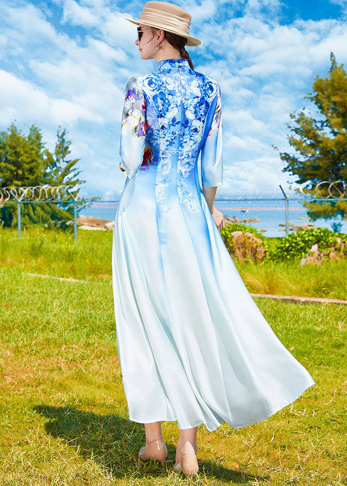 Sky Blue Stand Collar Print Exra Large Hem Silk Dress Cheongsam Bracelet Sleeve