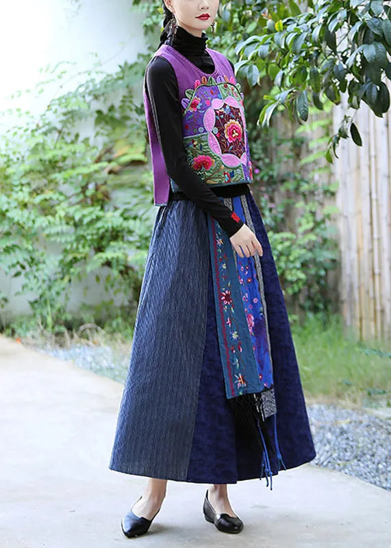 Art Purple Embroideried Linen Waistcoat Fall