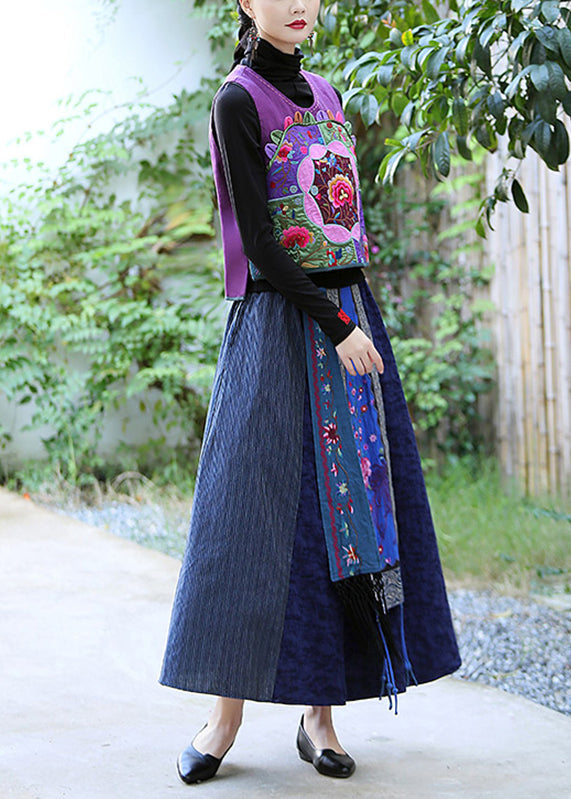 Art Purple Embroideried Linen Waistcoat Fall