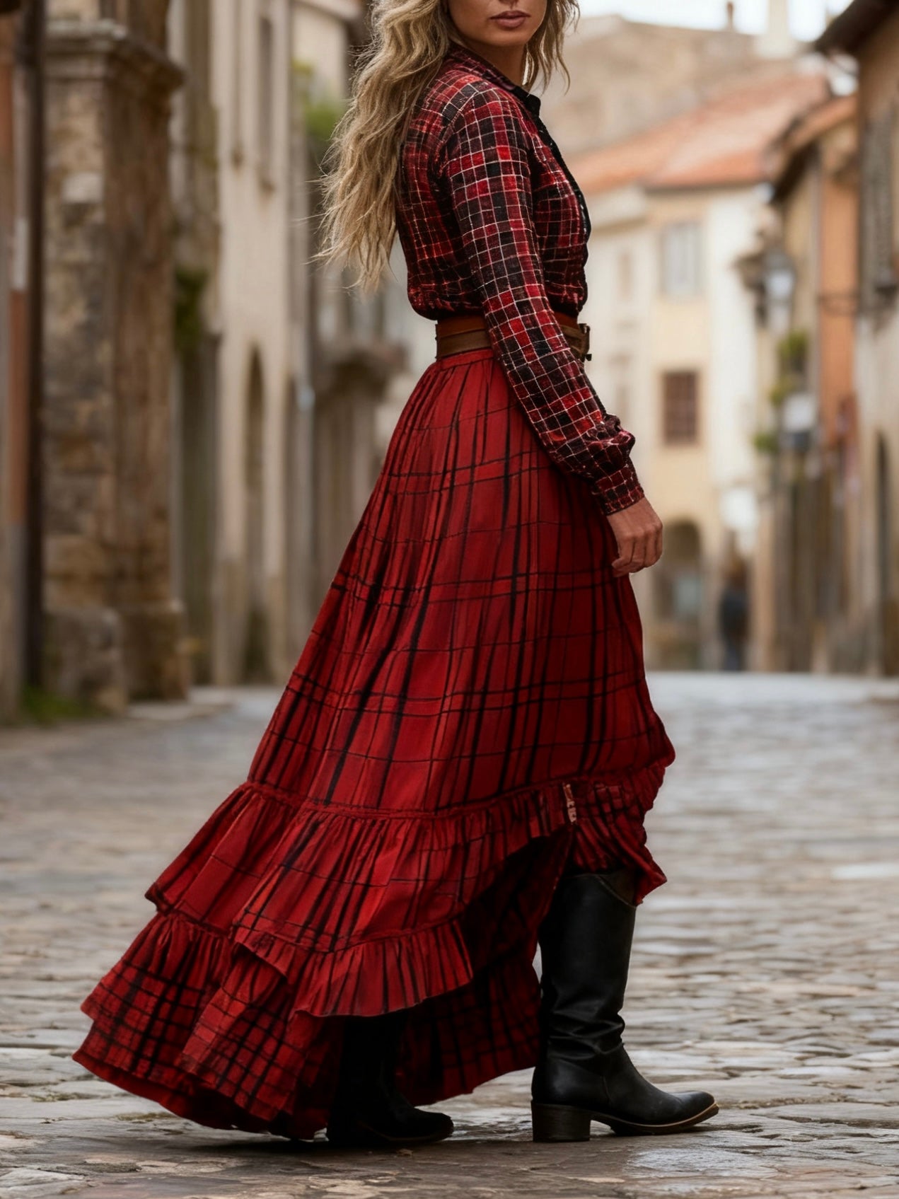 Red V Neck Plaid Patchwork Cotton Ankle Dress Spring