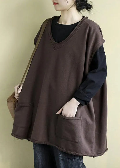 Modern Chocolate V Neck Oversized Color Cotton Vests Fall