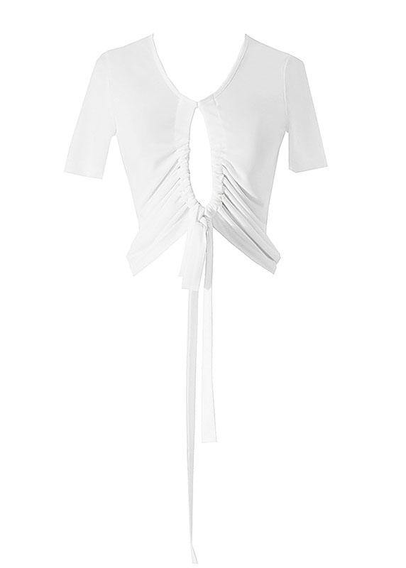 Italian White Drawstring V Neck Tops Summer