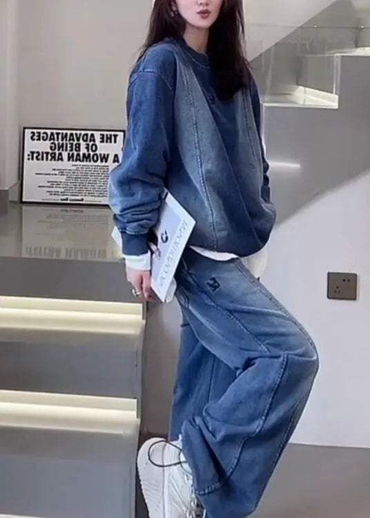 Blue O Neck Tops and Pants Denim Two Piece Set Outfits Fall