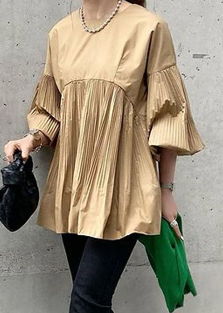 French Khaki O-neck Wrinkled Shirts Flare Sleeve