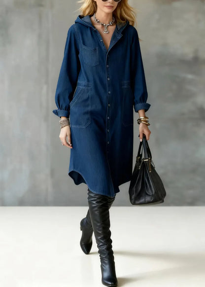 Unique Navy Hooded Button Down Denim Maxi Dresses Spring
