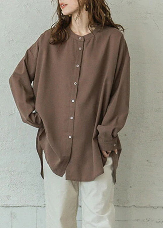 White Stand Collar Button Side Open Low High Design Shirt Long Sleeve