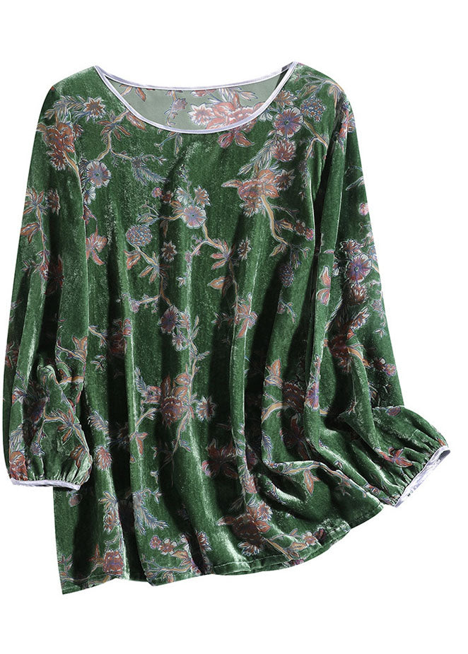 Modern Green O-neck Patchwork Velour Shirt Top Spring