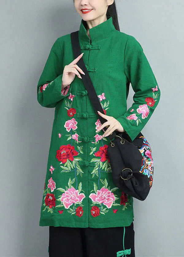 Green Stand Collar Embroideried Cotton Coats Fall