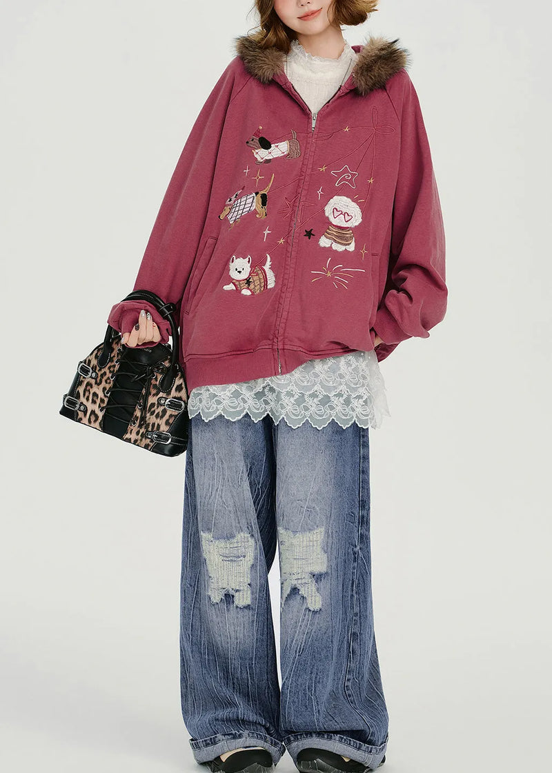Rose Embroidered Cotton Hooded Coat Spring
