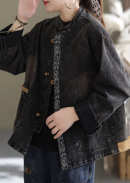 Black Oversized Pockets Patchwork Cotton Denim Coats Fall