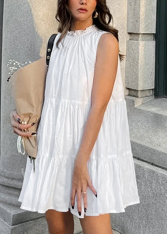 French White Ruffled Lace Up Patchwork Cotton Mid Dress Sleeveless