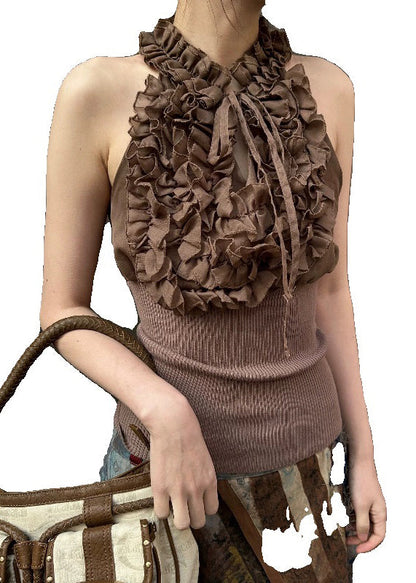 Coffee Ruffled Lace Up Knit Patchwork Tank Sleeveless