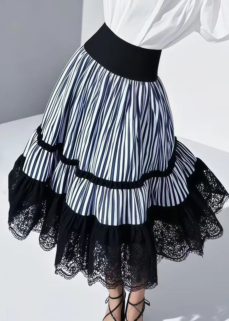 Blue Striped Patchwork Lace Skirt Summer