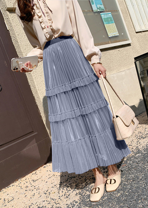 Grey Blue High Waist Wrinkled Tulle Cake Skirt Spring