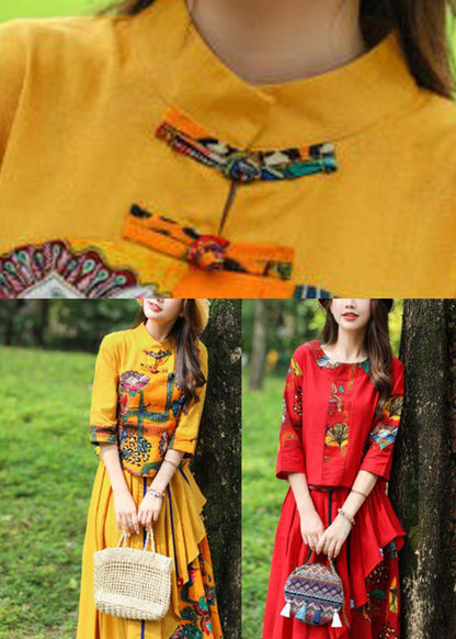 Red O-neck Button Top and Skirts Two Piece Set Fall