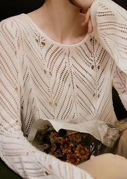 White O Neck Hollow Out Patchwork Knit Top Long Sleeve