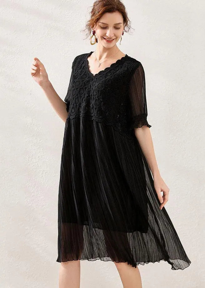Comfy Black Wrinkled Patchwork Spring Short Sleeve Dress