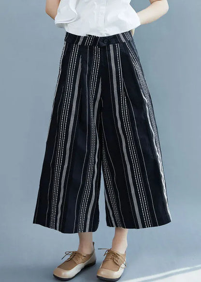 Black Striped Cotton Wide Leg Pants Spring